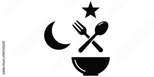 Dining symbol silhouette, crescent moon, star icon, fork and spoon, food bowl, cultural meal concept, black vector artwork illustration