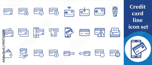 A collection of blue line icons depicting various credit card related concepts including transactions security and digital payments high quality professional detailed modern