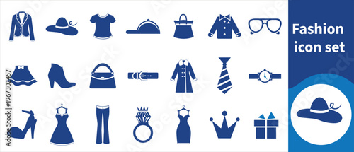 A collection of blue fashion icons depicts various clothing items accessories and footwear arranged in a grid pattern high quality professional detailed modern