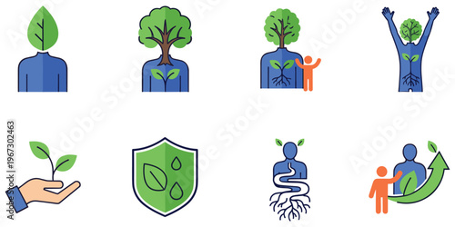 Environmental health illustration set, nature human connection design, eco growth motif artwork, sustainability symbol, plant leaf tree root icon, decorative motif, flat vector drawing
