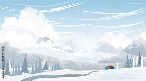 Winter mountain landscape vector illustration with snowy forest, frozen river and cloudy sky, peaceful nature scenery, cold season background, minimal design with copy space for seasonal content