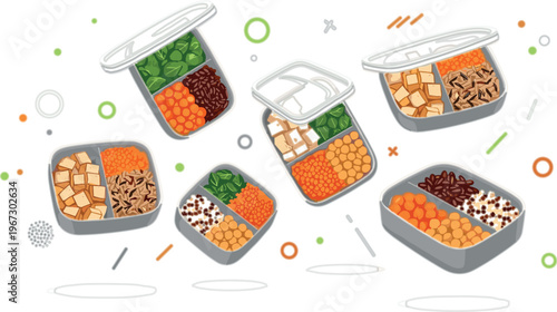 Title:
Healthy meal prep containers vector with plant based foods, tofu, lentils, vegetables and grains, balanced diet lunch boxes in modern flat illustration style
