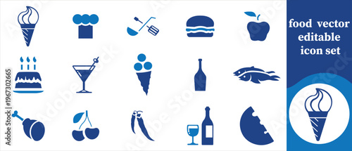 This image showcases a collection of blue food and beverage icons including desserts fruits and savory dishes in a vector format high quality