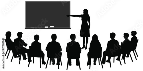 Classroom teaching silhouette illustration, education learning artwork, teacher student design, academic presentation vector, school lecture composition illustration