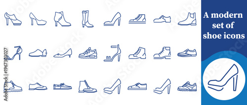 A collection of minimalist blue line art icons depicting various types of women s and men s footwear including heels boots and sneakers