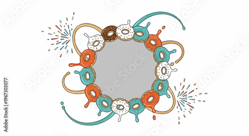 A playful illustration of a circular frame made of colorful glazed donuts with decorative splashes and bursts.