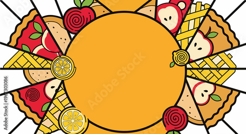 A vibrant graphic illustration featuring a central orange circle surrounded by various fruit pie slices and decorative fruit elements like apples and lemons, arranged in a radial pattern.