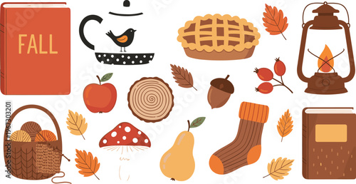 Cozy Fall-Themed Icons Set Featuring Autumn Leaves, Food, Books, and Seasonal Decor