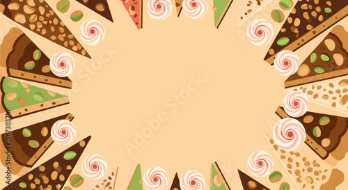 A decorative border of various dessert slices, including chocolate, nut, and fruit tarts, with swirled candies on a light background.