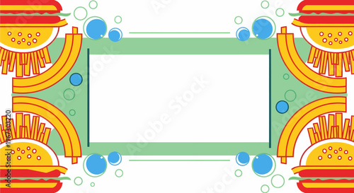 A vibrant and symmetrical graphic design featuring hamburgers and french fries framing a central green rectangle with blue bubbles, perfect for food-related content.