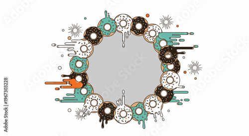 Circular frame design featuring an assortment of colorful donuts with dripping icing and decorative elements, perfect for sweet promotions.