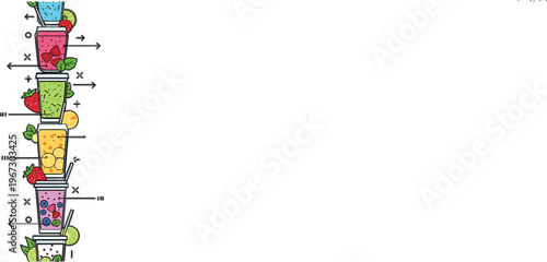 Vertical smoothie drinks vector with layered fruit juices, fresh berries, citrus and leafy ingredients, healthy beverage illustration in colorful flat style