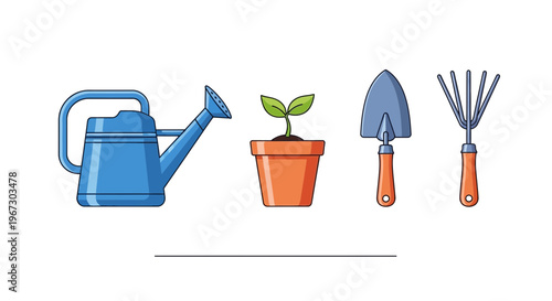 Gardening tools, watering can, trowel, rake, potted plant, gardening equipment, icons