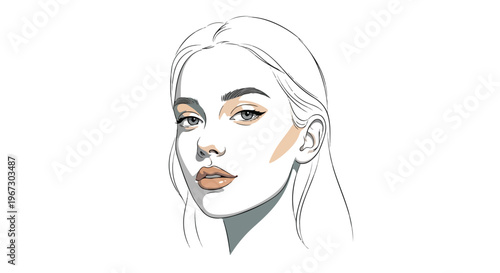 Minimalist fashion illustration of a beautiful woman face. Elegant female portrait with makeup contouring. Hand drawn vector line art for beauty branding.