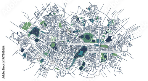Abstract city map illustration with parks and roads in modern style