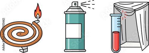 Malaria prevention set vector icons featuring mosquito coil spray bottle blood test tube and bed net on transparent background for medical information