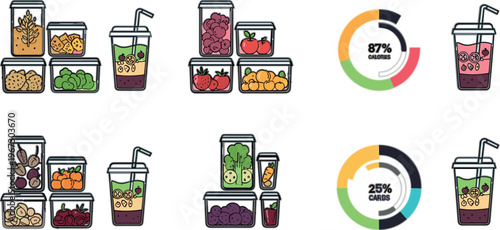 Healthy meal prep and smoothie infographic vector with food containers, layered drinks, nutrition charts and diet tracking elements in flat design style