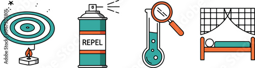 Set of vector icons depicting various mosquito repellent methods including coil, spray, test tube, and bed net
