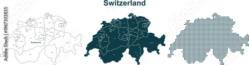 Photos Switzerland map set with cantons outline solid and dotted styles