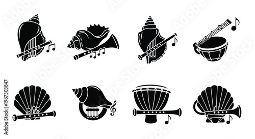 Black and white illustration of various shell instruments and musical notes