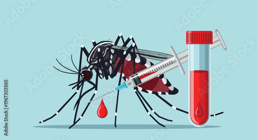 Mosquito sucking blood for disease transmission illustrated with syringe and blood sample in test tube science research