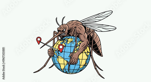 Vector illustration of a powerful mosquito grasping the globe, symbolizing global reach and threat of malaria disease