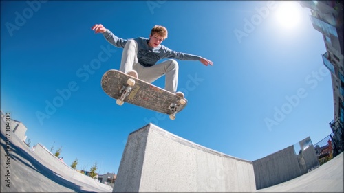 Dynamic Skateboarder Performing Aerial Trick in Skatepark Under Blue Sky, Capturing Youthful Energy and Skill