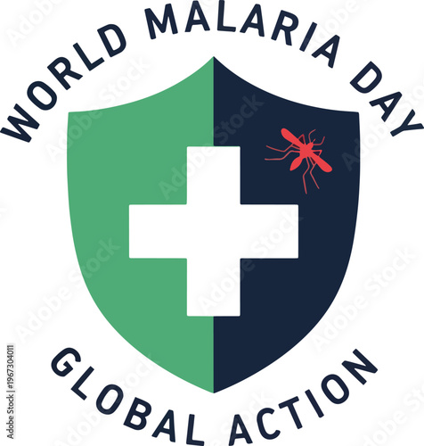World malaria day global action emblem with green and dark blue shield featuring medical cross and red mosquito icon on transparent checkered pattern