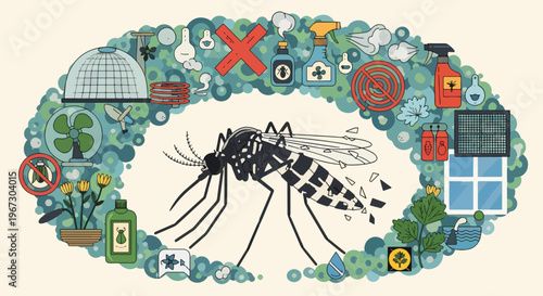 Illustration showing variety of mosquito prevention methods and pest control tools surrounding large striped insect on beige background with bubbles