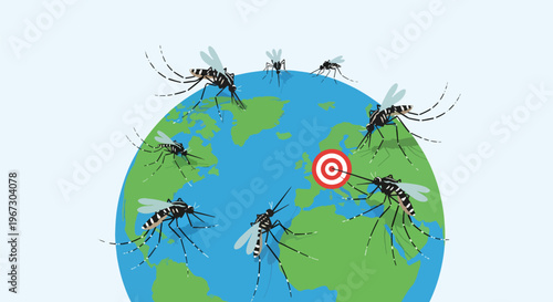 Multiple mosquitoes surrounding earth globe with one insect aiming at bullseye target icon representing strategic disease control and elimination goal