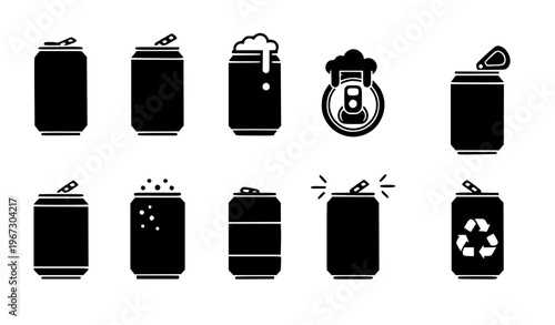 set of black and white vector icons Beer Can Minimal Flat Icon Set Black Beverage Vector