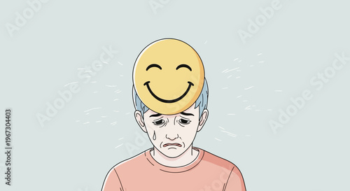 Person's Sad Face Hidden Behind a Happy Mask Symbolizing Emotional Dissonance and Unexpressed Sadness