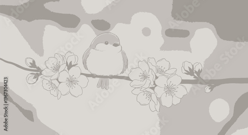 A charming little fluffy bird with soft brown and white feathers sits peacefully on a delicate branch adorned with beautiful pink cherry blossoms against a serene, light background illustration.