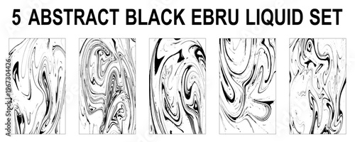 Liquid Ink Marble Patterns Monochrome Set. Abstract Black and White Marble Swirl Backgrounds