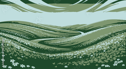 Vibrant cartoon illustration showcases a beautiful idyllic spring landscape with rolling green hills, a serene winding river, and a plethora of colorful wildflowers under a clear blue sky.