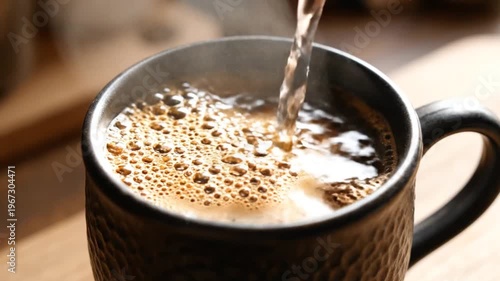 A stream of water pouring into a mug of coffee.