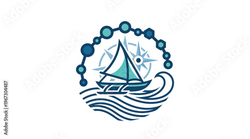 Sailboat Logo with Waves and Compass Rose