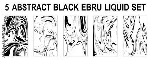 Monochrome Liquid Swirl Art Texture Set. Black and White Liquid Marble Abstract Set