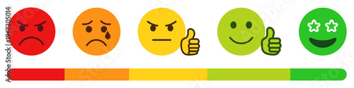 Feedback or rating scale with smiley icon set. Feedback rating scale with emoji, satisfaction level, rating, score, indicator bar. Angry to happy faces, evaluation scale, vector illustration
