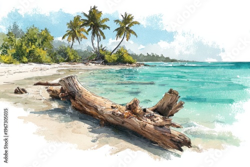 A watercolor illustration of a sunlit tropical beach with driftwood resting near the shoreline.