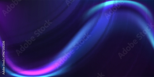 Abstract blue neon light waves on dark background, futuristic glowing grainy gradient texture, modern digital art design for creative projects