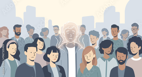 A glowing individual in a diverse urban crowd, representing feelings of isolation, anxiety, mental health awareness, and the challenge of standing out