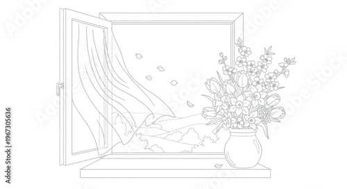 A beautiful spring day captured through an open window, with a gentle breeze blowing sheer curtains and a vibrant bouquet of blooming flowers adorning the windowsill.