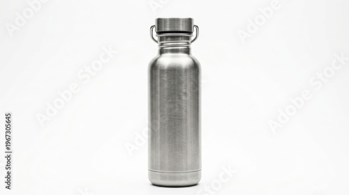 A brushed stainless steel reusable water bottle is depicted. It represents sustainability, health, and an active lifestyle. Ideal for eco-friendly campaigns, health promotions, or product showcases.