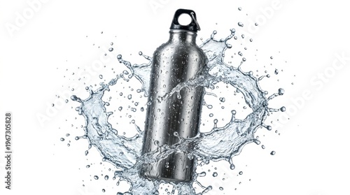 Stainless steel reusable water bottle hit by a powerful splash of clear water against white background. Represents hydration and eco-friendly living. Ideal for health and fitness advertisements.