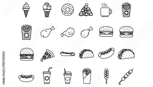 Food icon set including various fast food and drink illustrations
