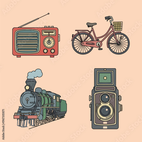 Vintage transportation and technology icons