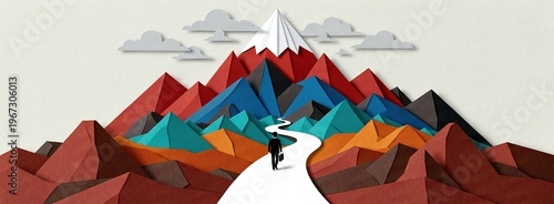 Papercut style businessman walking path to mountain peak amid colorful landscape