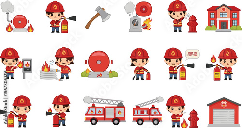 Cartoon Firefighter Set with Fire Truck, Fire Extinguisher, Fire Alarm, and Firefighter Tools for Emergency and Safety