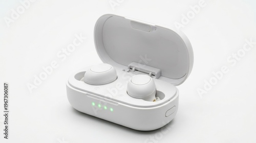 Wireless earbuds inside an open charging case with green LED indicators. Sleek modern technology design on white background. Ideal for tech reviews or e-commerce product listings.
